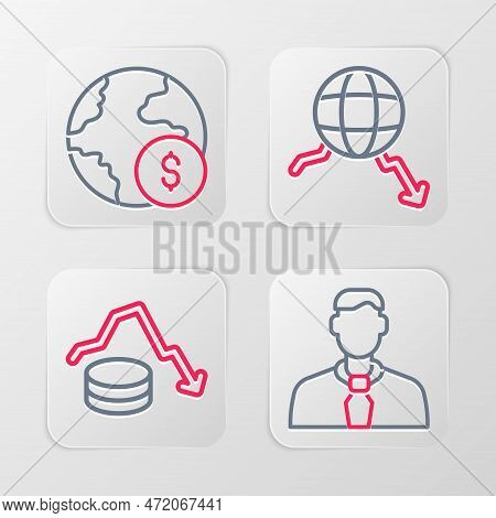 Set Line Worker, Dollar Rate Decrease, Global Economic Crisis And Icon. Vector