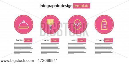 Set Line Broken Egg, Grater, Barbecue Steel Grid And Covered With Tray Of Food Icon. Vector