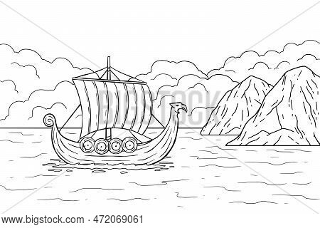 Viking Boat At Sea. Nordic Drakkar, Swedish Historic Warship. Longship With Oars. Cartoon Medieval S