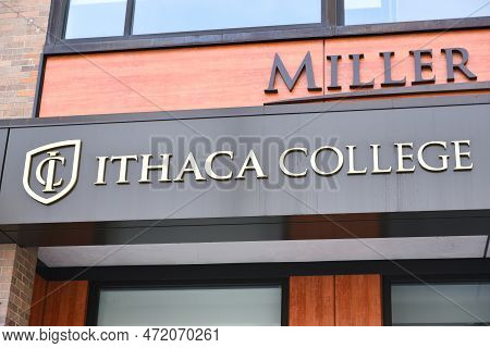 Ithaca, New York - 26 Feb 2023: Ithaca College Sign On The Commons In Downtown Ithaca.