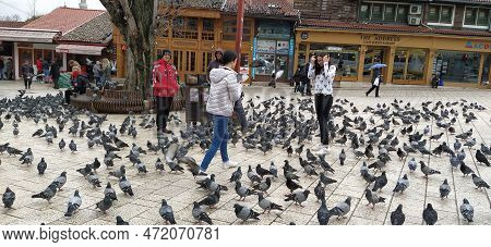 Sarajevo, Bosnia And Herzegovina, March 8, 2020, People Walk The Central Streets Of Sarajevo Feeding