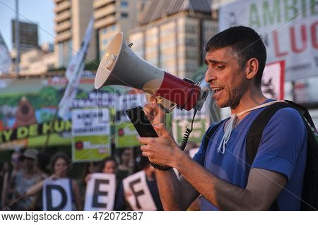 Buenos Aires, Argentina; March 3, 2023: Activist With A Megaphone During The Global Climate Strike, 
