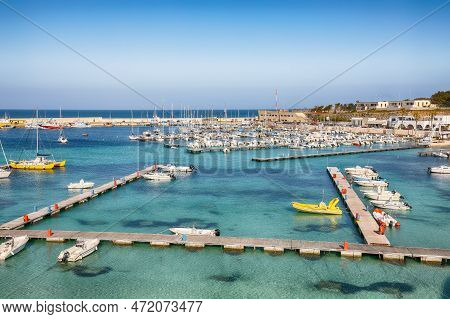 Breathtaking View On Harbour Of Otranto In Italy With Lots Of Boats And Yachts. Italian Vacation. To