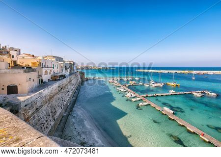 Breathtaking View On Harbour Of Otranto In Italy With Lots Of Boats And Yachts. Italian Vacation. To