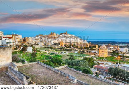 Attractive View On Ostuni White Town Skyline And Madonna Della Grata Church, Brindisi, Apulia Southe