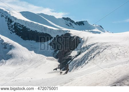 Scenic Mountain Landscape With Icefall At Large Glacier In Sunlight. Awesome Scenery With Glacial To