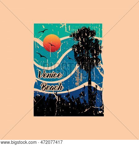 Venice Beach, California Vintage Grunge Effect Surfing Boat, Palm Tree Shirt Design, Print Design, S