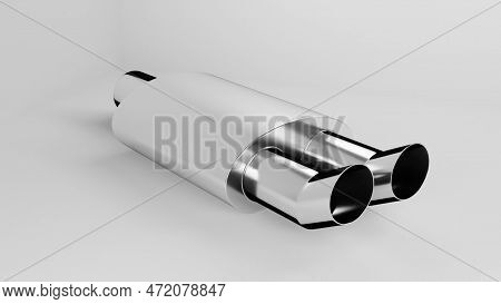 Car Exhaust Muffler In Metallic, 3d Rendering