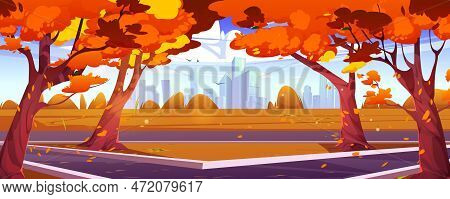Autumn City Park Landscape Background. Cartoon Vector Skyline Scene With Road. Ctyscape Urban Illust