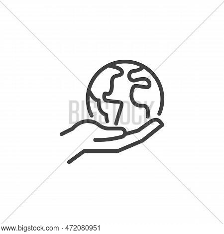 Hand Holding Earth Globe Line Icon. Linear Style Sign For Mobile Concept And Web Design. Save Earth 