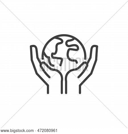 Save Earth Planet Line Icon. Linear Style Sign For Mobile Concept And Web Design. Hands Holding Eart