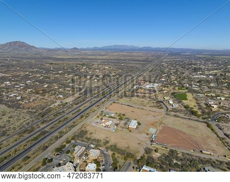 Interstate Highway 19 Aerial View With Tumacacori Mountains At The Back From Town Of Tubac In Santa 