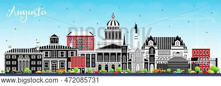 Augusta Maine City Skyline With Color Buildings And Blue Sky. Vector Illustration. Business Travel A