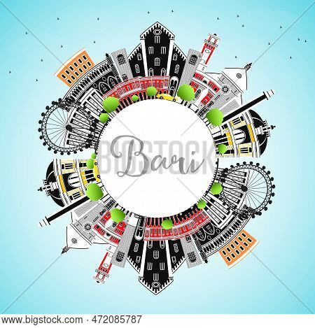 Bari Italy City Skyline With Gray Buildings, Blue Sky And Copy Space. Vector Illustration. Business 