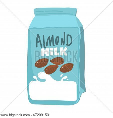 Isolated Almond Milk In Paper Package With Liquid Splash And Nuts, Natural Drink Branding On Carton