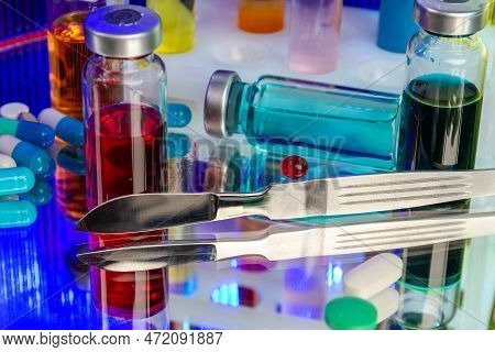 Close Up Lab Bottles With Colored Solution. Lab Medicine Reserarch.