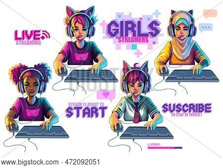 Girl Gamer Or Streamer With Cat Ears Headset Sits In Front Of A Computer