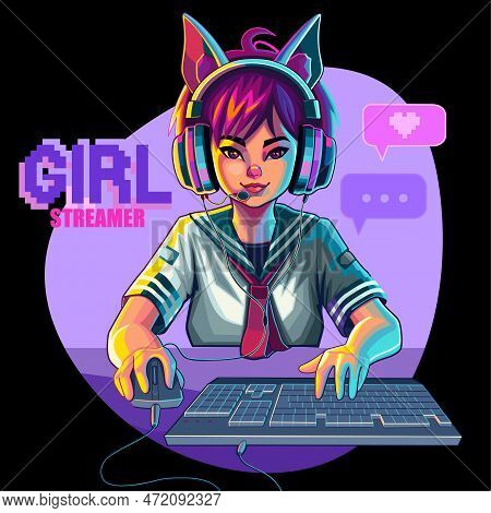 Asian Girl Gamer Or Streamer With Cat Ears Headset Sits In Front Of A Computer