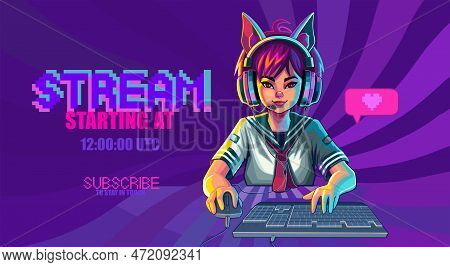 Asian Girl Gamer Or Streamer With Cat Ears Headset Sits In Front Of A Computer