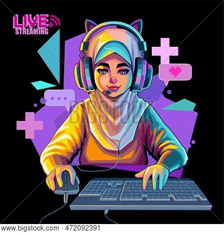 Muslim Girl Gamer Or Streamer With Cat Ears Headset Sits In Front Of A Computer