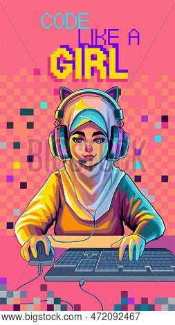 Muslim Girl Gamer Or Streamer With Cat Ears Headset Sits In Front Of A Computer