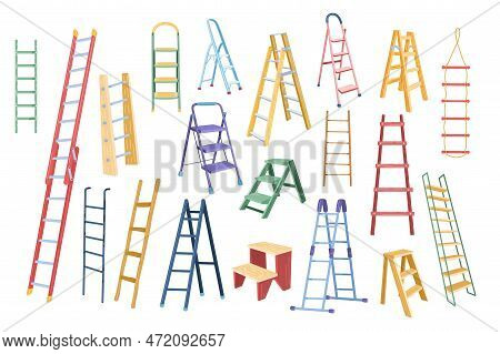 Cartoon Ladder. Different Types Of Stepladders, Tall Ladders For Scaling New Height Isolated Vector 