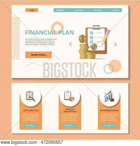 Financial Plan Flat Landing Page Website Template. Swot Analysis, Product Discription, Enterpreneurs