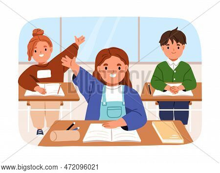 School Kids Students In Class, Sitting With Hands Raised Up. Happy Cute Pupils Children In Classroom