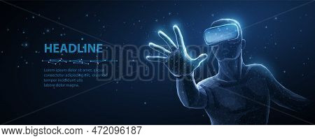 A Man Using A Vr Device For An Immersive Virtual Experience In A Metaverse.