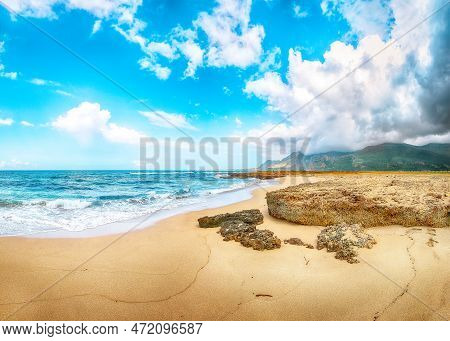 Picturesque Seascape Of Isolidda Beach Near San Vito Cape. Popular Travel Destination Of Monte Cofan