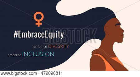 Embraceequity Movement Banner With Black African Woman Profile Face,  Hugging Herself, Vector Templa