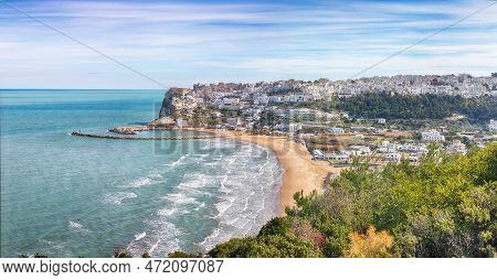 Amazing Peschici With Wide Sandy Beach In Puglia, Adriatic Coast Of Italy. Location: Peschici, Garga