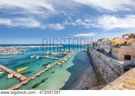 Breathtaking View On Harbour Of Otranto In Italy With Lots Of Boats And Yachts. Italian Vacation. To