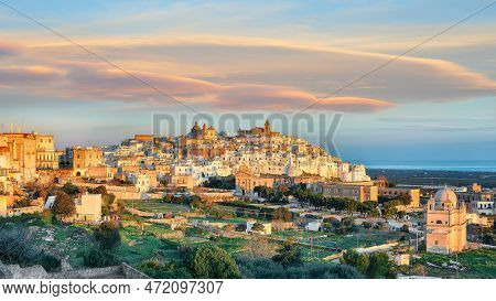 Attractive View On Ostuni White Town Skyline And Madonna Della Grata Church, Brindisi, Apulia Southe