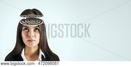 Abstract Portrait Of Maze Headed Businesswoman On Wide Light Background With Mock Up Place. Confusio