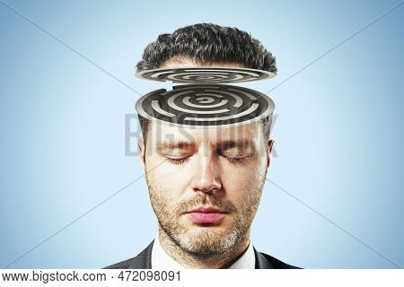 Abstract Portrait Of Maze Headed Businessman On Light Background. Confusion, Choice, Direction And T