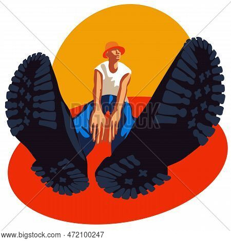 A Modern Fashionable Guy In Big Boots With A Raised Sole. An Inverted Perspective. A Bright, Modern,