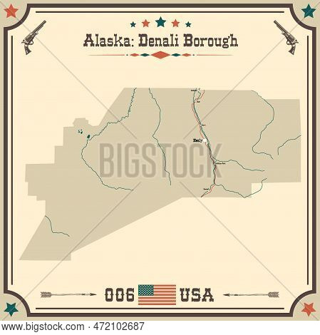 Large And Accurate Map Of Denali Borough, Alaska, Usa With Vintage Colors.