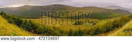 Panoramic View Of The Valley Of Cwm Penamnen, In Snowdonia National Park, The North Of Wales, Uk
