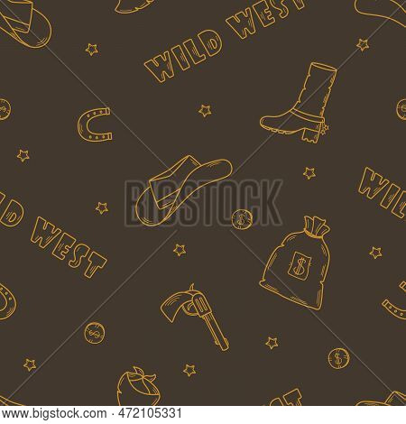 Seamless Pattern Wild West Set Of Vector Illustrations. Cowboy Western Elements Icon. Hat, Neckerchi