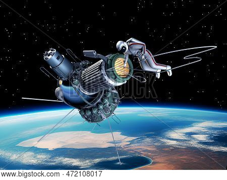First Spacewalk From Voskhod-2 Spacecraft. 3d Rendering. 3d Illustration