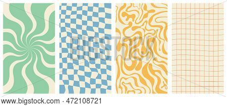 Groovy Hippie 70s Vector Backgrounds Set. Chessboard And Twisted Patterns. Backgrounds In Trendy Ret