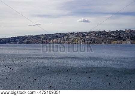 Naples, Italy Promenade And City Day View. Mergellina Coastal Section Seen From Castel Dell'ovo Isle