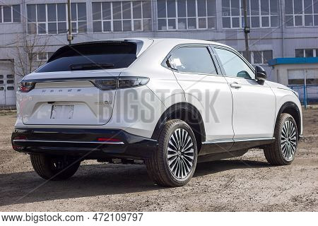 Lviv Ukraine - 03 04 2023: Electric New White Car Honda E-hc1, Sale Of Eco Electric Vehicles, Select