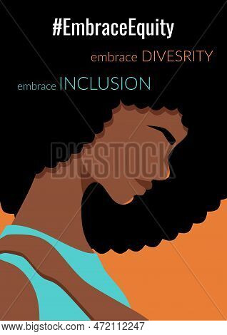 Embrace Equity Poster With African Woman In A Bright Clothes, Character Hugging Herself. Embrace Equ