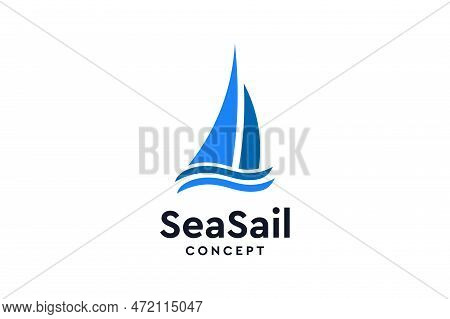Blue Sea Boat Sail Logo Design Inspiration