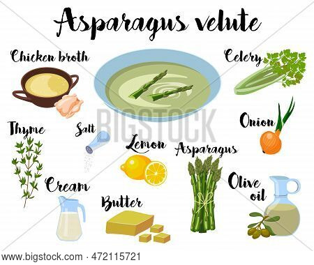 Kitchen Poster With A Recipe For Asparagus Cream Soup. Asparagus Velute. Vector .
