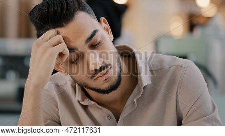 Stressed Indian Hispanic Ethnic Man Guy Businessman Male Suffering From Headache Pain Stress Painful