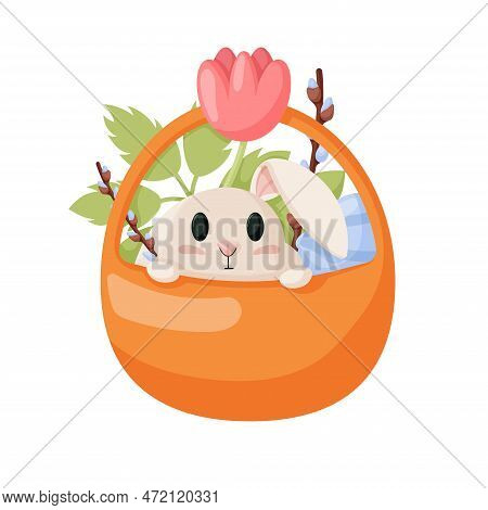 Spring Easter Bunny In A Basket. Happy Easter Bunny With Flowers And Eggs. Easter Bunny In Cartoon S