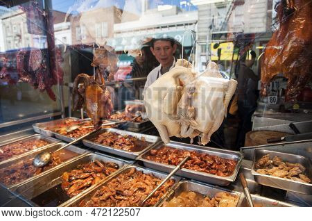 San Francisco,united States.07-28-2011.streets Of Chinatown.window With Food And Dead Chickens